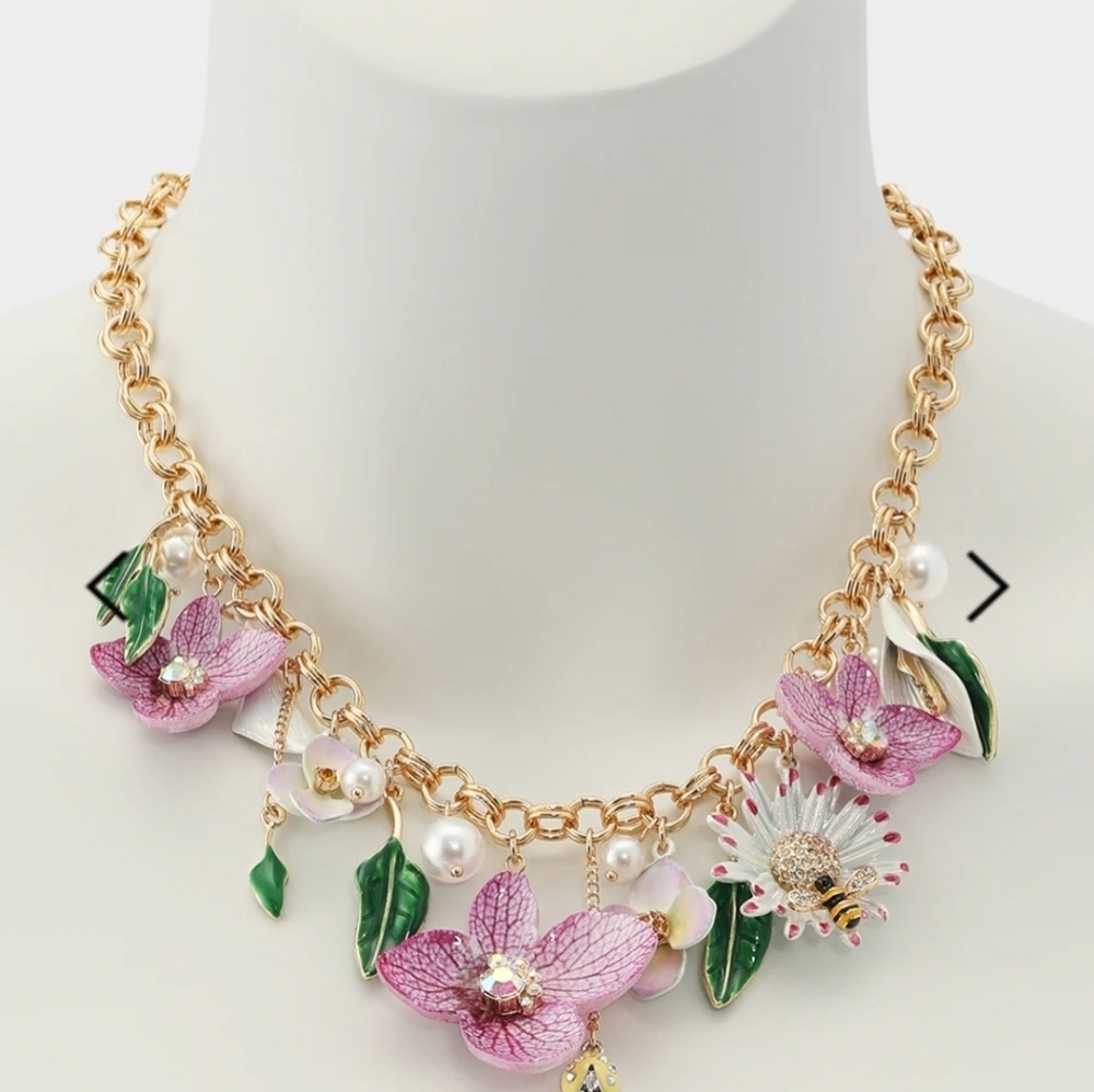 💕🔹️Betsey Johnson 🔹️flower Bouquet Frontal Purple 16in Necklace And Earring - Picture 9 of 9